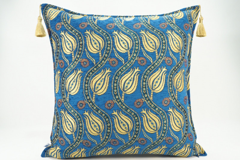 Fabric Pillow,Fabric Pillow 24x24, Navy Blue Water Line Tulip Pattern Turkish Jacquard Fabric Pillow, Throw Pillow,Lumbar Pillow