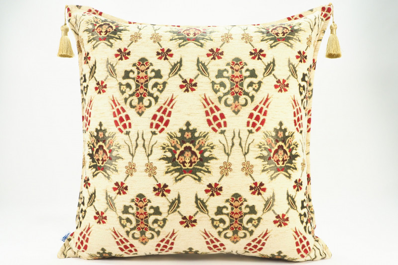 Fabric Pillow, Fabric Pillow 24x24, Beige Topkapi Palace Tulip Pattern Turkish Jacquard Fabric Pillow Cover, Throw Pillow Case