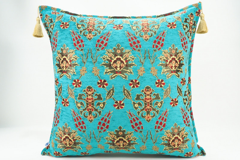 Fabric Pillow,Fabric Pillow 24x24,Turquoise Blue Topkapi Palace Tulip Pattern Turkish Jacquard Fabric Pillow Case, Throw Pillow