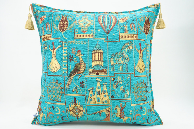 Fabric Pillow,Fabric Pillow 24x24,Turquoise Blue Turkish Dream Pattern Turkish Chenille Fabric Pillow,Decorative Bohemian Pillow