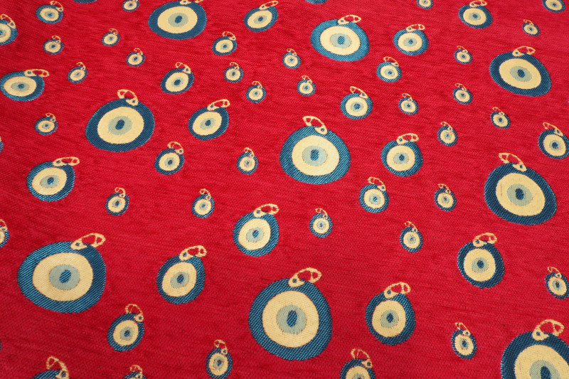 Upholstery Fabric, Turkish Fabric By the Meter, By The Yard, Red Evil Eye Pattern Jacquard Chenille Upholstery Fabric