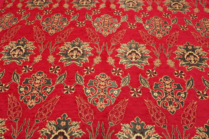 Upholstery Fabric, Turkish Fabric By the Meter, By the Yard, Red Tulip Pattern Jacquard Chenille Upholstery Fabric