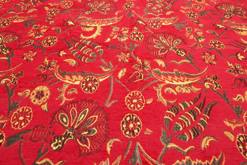 Upholstery Fabric, Turkish Fabric By the Meter, By the Yard, Red Carnation Pattern Jacquard Chenille Upholstery Fabric