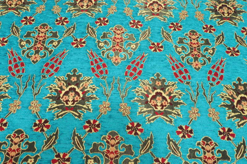 Upholstery Fabric, Turkish Fabric By the Meter, By the Yard, Turquoise Blue Tulip Pattern Upholstery Fabric