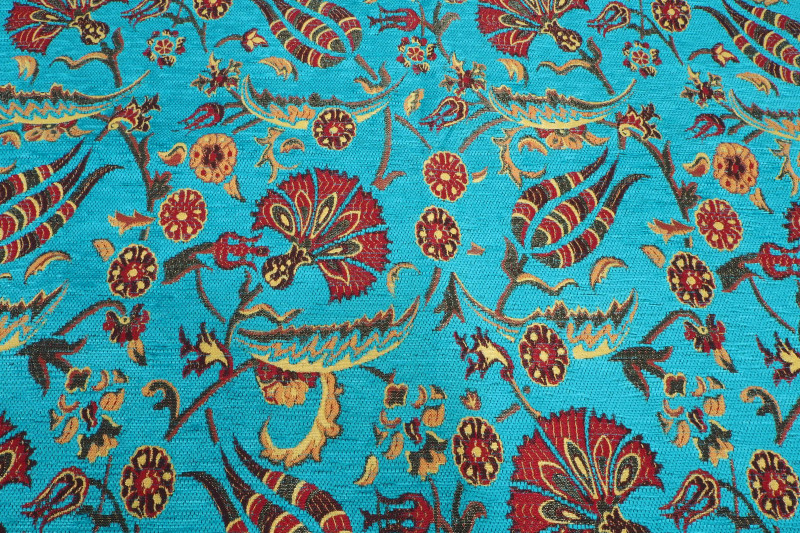 Upholstery Fabric, Turkish Fabric By the Meter, By the Yard, Turquoise Blue Carnation Pattern Upholstery Fabric