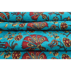 Turkish Upholstery Fabric, Turkish Fabric By the Meter, By the Yard, Turquoise Blue Carnation Pattern Upholstery Fabric