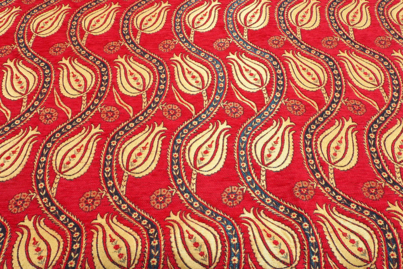 Upholstery Fabric, Turkish Fabric By the Meter, By the Yard, Red Tulip Pattern Chenille Upholstery Fabric