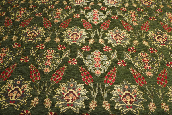 Upholstery Fabric, Turkish Fabric By the Meter, By the Yard, Moss Green Tulip Pattern Jacquard Chenille