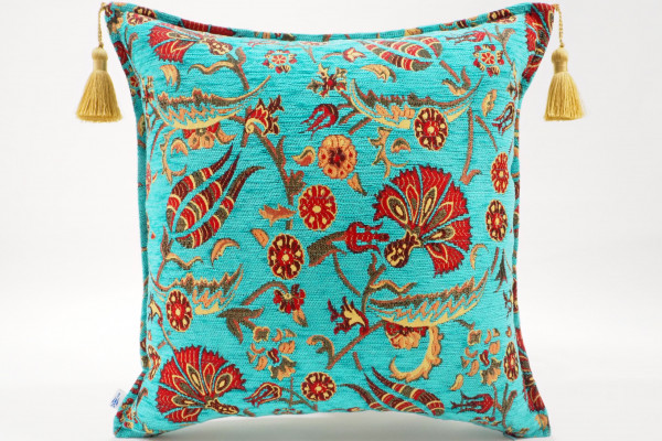 Fabric Pillow, Fabric Pillow 18x18, Turquoise Blue Caucasus Carnation Pattern Turkish Fabric Pillow, Decorative Bohemian Pillow