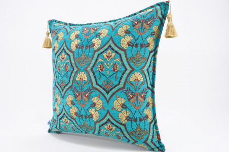 Fabric Pillow, Fabric Pillow 18x18, Turquoise Blue Carnation Pattern Turkish Fabric Pillow Cover, Decorative and Throw Pillow