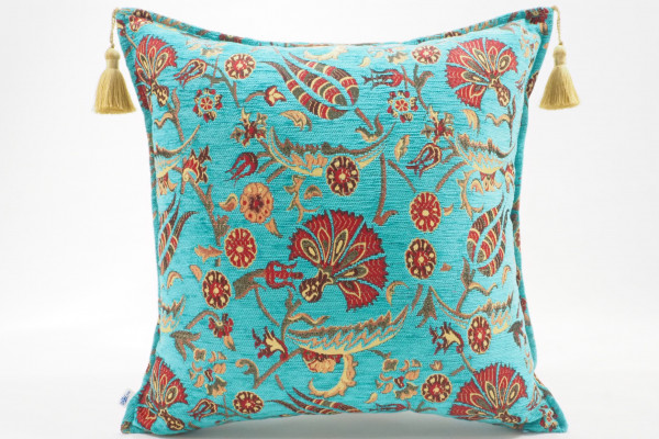 Fabric Pillow, Fabric Pillow 20x20, Turquoise Blue Caucasus Carnation Pattern Turkish Fabric Pillow, Decorative Bohemian Pillow