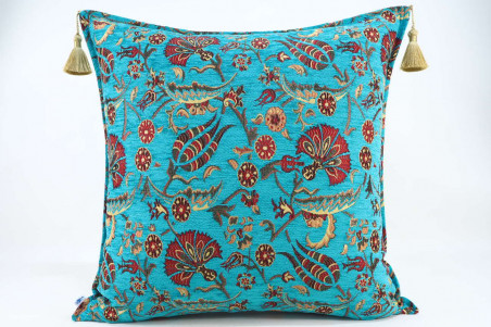 Fabric Pillow, Fabric Pillow 24x24, Turquoise Blue Caucasus Carnation Pattern Turkish Fabric Pillow, Decorative Bohemian Pillow