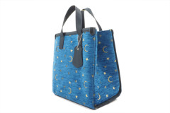 Genuine Lamb Leather Bag, Navy Blue Arabian Night Pattern Turkish Fabric Womens Bag,ID KCYC08,Leather Bag,Sheep Skin Leather Bag