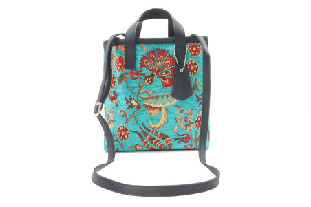 Genuine Lamb Leather Bag,Turquoise Blue Carnation Pattern Turkish Fabric Womens Bag,ID KCYC10,Leather Bag,Sheep Skin Leather Bag