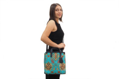 Genuine Lamb Leather Bag, Turquoise Blue Topkapi Palace Tulip Pattern Turkish Fabric Womens Bag,ID KCYC09,Sheep Skin Leather Bag