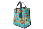 Genuine Lamb Leather Bag, Turquoise Blue Topkapi Palace Tulip Pattern Turkish Fabric Womens Bag,ID KCYC09,Sheep Skin Leather Bag