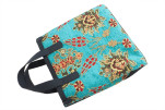 Genuine Lamb Leather Bag, Turquoise Blue Topkapi Palace Tulip Pattern Turkish Fabric Womens Bag,ID KCYC09,Sheep Skin Leather Bag