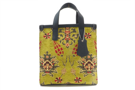 Genuine Lamb Leather Bag, Pistachio Green Topkapi Palace Tulip Pattern Fabric Womens Bag, ID KCYC07, Leather Bag, Sheep Skin Bag