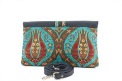 Leather Crossbody Bag, Leather Clutch Bag, ID KCYC45,Turquoise Blue Morocco Pattern Turkish Fabric Womens Bag,Genuine Sheep Skin