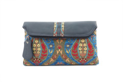 Leather Crossbody Bag, Leather Clutch Bag, ID KCYC46, Navy Blue Morocco Pattern Turkish Fabric Womens Bag,Genuine Sheep Skin Bag