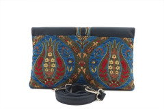 Leather Crossbody Bag, Leather Clutch Bag, ID KCYC46, Navy Blue Morocco Pattern Turkish Fabric Womens Bag,Genuine Sheep Skin Bag