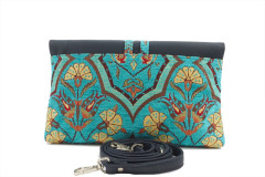 Leather Crossbody Bag, Leather Clutch Bag, ID KCYC47,Turquoise Blue Carnation Pattern Fabric Womens Bag,Genuine Lamb Leather Bag