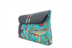 Leather Crossbody Bag, Leather Clutch Bag, ID KCYC48, Turquoise Blue Carnation Pattern Fabric Women Bag,Genuine Lamb Leather Bag