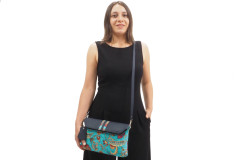 Leather Crossbody Bag, Leather Clutch Bag, ID KCYC48, Turquoise Blue Carnation Pattern Fabric Women Bag,Genuine Lamb Leather Bag