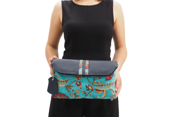 Leather Crossbody Bag, Leather Clutch Bag, ID KCYC48, Turquoise Blue Carnation Pattern Fabric Women Bag,Genuine Lamb Leather Bag