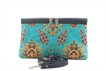 Leather Crossbody Bag,Leather Clutch Bag,ID KCYC49,Turquoise Blue Topkapi Palace Tulip Pattern Fabric Women Bag,Lamb Leather Bag