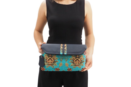 Leather Crossbody Bag,Leather Clutch Bag,ID KCYC49,Turquoise Blue Topkapi Palace Tulip Pattern Fabric Women Bag,Lamb Leather Bag