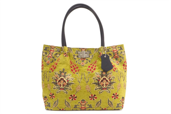 Fabric Woman Hand Bag, Pistachio Green Topkapi Palace Tulip  Pattern Turkish Fabric Bag,ID KCYC68,Genuine Sheep Skin Leather Bag