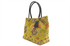 Fabric Woman Hand Bag, Pistachio Green Topkapi Palace Tulip  Pattern Turkish Fabric Bag,ID KCYC68,Genuine Sheep Skin Leather Bag