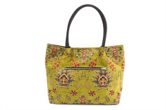 Fabric Woman Hand Bag, Pistachio Green Topkapi Palace Tulip  Pattern Turkish Fabric Bag,ID KCYC68,Genuine Sheep Skin Leather Bag