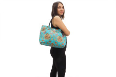 Fabric Woman Hand Bag, Turquoise Blue Topkapi Palace Tulip Pattern Turkish Fabric Bag, ID KCYC67, Genuine Sheep Skin Leather Bag