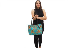 Fabric Woman Hand Bag, Turquoise Blue Topkapi Palace Tulip Pattern Turkish Fabric Bag, ID KCYC67, Genuine Sheep Skin Leather Bag