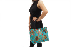 Fabric Woman Hand Bag, Turquoise Blue Topkapi Palace Tulip Pattern Turkish Fabric Bag, ID KCYC67, Genuine Sheep Skin Leather Bag