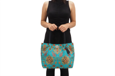 Fabric Woman Hand Bag, Turquoise Blue Topkapi Palace Tulip Pattern Turkish Fabric Bag, ID KCYC67, Genuine Sheep Skin Leather Bag