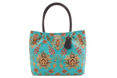 Fabric Woman Hand Bag, Turquoise Blue Topkapi Palace Tulip Pattern Turkish Fabric Bag, ID KCYC67, Genuine Sheep Skin Leather Bag