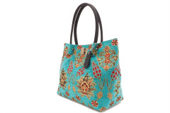 Fabric Woman Hand Bag, Turquoise Blue Topkapi Palace Tulip Pattern Turkish Fabric Bag, ID KCYC67, Genuine Sheep Skin Leather Bag