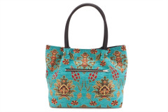 Fabric Woman Hand Bag, Turquoise Blue Topkapi Palace Tulip Pattern Turkish Fabric Bag, ID KCYC67, Genuine Sheep Skin Leather Bag