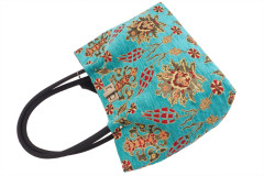 Fabric Woman Hand Bag, Turquoise Blue Topkapi Palace Tulip Pattern Turkish Fabric Bag, ID KCYC67, Genuine Sheep Skin Leather Bag