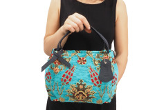 Fabric Woman Hand Bag, Turquoise Blue Topkapi Palace Tulip  Pattern Turkish Fabric Bag, ID KCYC27,Genuine Sheep Skin Leather Bag