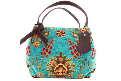 Fabric Woman Hand Bag, Turquoise Blue Topkapi Palace Tulip  Pattern Turkish Fabric Bag, ID KCYC27,Genuine Sheep Skin Leather Bag