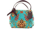 Fabric Woman Hand Bag, Turquoise Blue Topkapi Palace Tulip  Pattern Turkish Fabric Bag, ID KCYC27,Genuine Sheep Skin Leather Bag