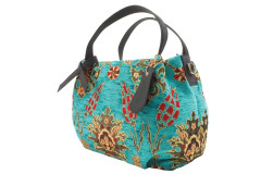 Fabric Woman Hand Bag, Turquoise Blue Topkapi Palace Tulip  Pattern Turkish Fabric Bag, ID KCYC27,Genuine Sheep Skin Leather Bag