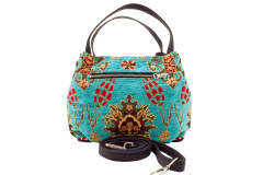 Fabric Woman Hand Bag, Turquoise Blue Topkapi Palace Tulip  Pattern Turkish Fabric Bag, ID KCYC27,Genuine Sheep Skin Leather Bag