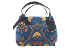 Fabric Woman Hand Bag, Navy Blue Carnation Pattern Turkish Fabric Woman Bag, ID KCYC25, Genuine Sheep Skin Woman Leather Bag