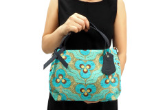 Fabric Woman Hand Bag, Turquoise Blue Tiger Eyes Pattern Turkish Fabric Bag, ID KCYC22, Woman Bag,Genuine Sheep Skin Leather Bag