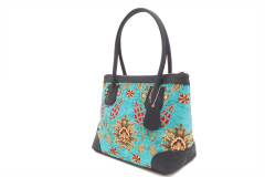 Fabric Woman Hand Bag, Turquoise Blue Topkapi Palace Tulip Pattern Fabric Bag, ID KCYC86, Lamb Leather Bag, Genuine Leather Bag